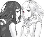  2girls black_sclera from_side hand_holding light_smile momoko_(momopoco) multiple_girls profile siblings simple_background sisters sleeveless sleeveless_hoodie spot_color tokyo_ghoul twins upper_body white_background yasuhisa_kurona yasuhisa_nashiro 