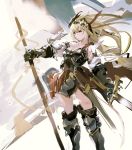  1girl armor armored_boots armored_dress blonde_hair boots gauntlets granblue_fantasy headdress holding holding_weapon jeanne_d&#039;arc_(granblue_fantasy) long_hair ribbon sketch so-bin solo sword thigh-highs weapon winged_arms zettai_ryouiki 