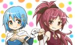  2girls aebj blue_eyes blue_hair cape fist_bump gloves hair_ornament long_hair magical_girl mahou_shoujo_madoka_magica miki_sayaka multiple_girls polka_dot polka_dot_background ponytail red_eyes redhead sakura_kyouko short_hair smile white_gloves 