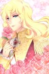  1girl aiguillette blonde_hair blue_eyes epaulettes eyelashes flower long_hair mero_(mero_2015_04) military military_uniform oscar_francois_de_jarjayes parted_lips pink_rose rose solo sparkle uniform versailles_no_bara 