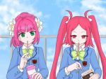  2girls flower green_eyes long_hair multiple_girls pink_hair pocky ponytail red_eyes redhead ribbon rommy rubia_natwick school_uniform tales_of_(series) tales_of_the_tempest twintails 