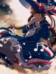  1girl bangs blurry braid brown_hair capter closed_eyes dress hat highres instrument musical_note ocarina oounabara_to_wadanohara pointy_ears quaver sailor_collar sailor_dress sidelocks solo tears treble_clef twin_braids wadanohara witch_hat 