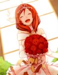  1girl ^_^ artist_name bare_shoulders bouquet bridal_veil bride closed_eyes crown dress elbow_gloves flower gloves jewelry long_sleeves love_live!_school_idol_project necklace nishikino_maki off-shoulder_dress off_shoulder open_mouth pokey ribbon rose signature smile solo striped striped_ribbon tiara veil wedding_dress white_gloves window 