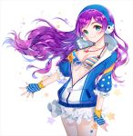  1girl bikini blue_eyes blush choker female gloves headphones jacket love_live!_school_idol_project purple_hair rarumi skirt smile star swimsuit tattoo toujou_nozomi 
