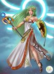  1girl bare_shoulders bridal_gauntlets didi_esmeralda full_body green_eyes green_hair kid_icarus kid_icarus_uprising long_hair nintendo palutena shield side_slit single_thighhigh solo staff strapless_dress thigh-highs tiara 