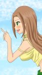  1girl arc_the_lad arc_the_lad_ii bare_shoulders blush breasts brown_hair dark_skin dress green_eyes pointing sania_(arc_the_lad) solo upper_body 