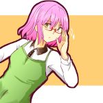  1girl apron arato_hisako breasts glasses green_eyes orange_background purple_hair shokugeki_no_souma short_hair 