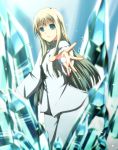  1girl arc_the_lad arc_the_lad_ii bangs blonde_hair blue_eyes breasts crystal expressionless glowing highres long_hair long_sleeves looking_at_viewer magic meril outstretched_arm outstretched_hand pajamas pants sidelocks solo very_long_hair 