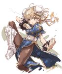  &gt;:o 1girl :o ahoge black_legwear blonde_hair blue_dress blush boots bracelet bun_cover china_dress chinese_clothes chun-li chun-li_(cosplay) cosplay cross-laced_footwear djeeta_(granblue_fantasy) double_bun dress eyeshadow gita_(granblue_fantasy) granblue_fantasy haku_(sabosoda) highres jewelry lace-up_boots leg_up makeup open_mouth pantyhose pelvic_curtain puffy_short_sleeves puffy_sleeves short_hair short_sleeves side_slit simple_background sketch solo spiked_bracelet spikes street_fighter white_background white_boots yellow_eyes 