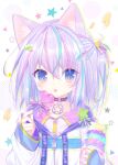  1girl :p animal_ear_fluff animal_ears aqua_hair collar d_omm heart_lollipop hood hood_down hoodie long_sleeves multicolored multicolored_hair multicolored_nails one_side_up original pink_hair purple_hair shaved_ice shirt short_hair sleeves_past_wrists tongue tongue_out 