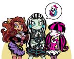  black_hair breasts brown_hair clawdeen_wolf cleavage crossed_arms draculaura earrings eyeshadow fangs frankie_stein heterochromia jewelry makeup monster_girl monster_high pink_eyes pointy_ears stitches sukaponta vampire werewolf yellow_eyes 