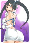  1girl ass bare_shoulders black_hair blue_eyes blush breasts choker dungeon_ni_deai_wo_motomeru_no_wa_machigatteiru_darou_ka elbow_gloves female from_behind gloves hair_ornament hestia_(danmachi) highres large_breasts long_hair long_twintails looking_back open_mouth shiun sideboob signature solo standing twintails white_gloves 