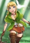  1girl bike_shorts blonde_hair blue_eyes boots bow_(weapon) braid brown_boots brown_gloves brown_legwear cloak collarbone compass crossbow daniel_macgregor dual_wielding fairy gloves jewelry leather leather_gloves linkle looking_at_viewer necklace nintendo open_mouth pointy_ears shiny shiny_skin shorts sidelocks skirt smile solo sunlight the_legend_of_zelda thigh-highs thigh_boots twin_braids upper_body weapon zelda_musou zettai_ryouiki 