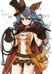  1girl animal_ears beaker black_gloves black_skirt blue_hair blush breasts cape cat_ears cleavage erun_(granblue_fantasy) ferri_(granblue_fantasy) ferry_(granblue_fantasy) gloves granblue_fantasy halloween halloween_costume hat holding hoshitetsu_ringo jewelry long_hair microskirt mini_hat mini_top_hat popped_collar rabbit_ears red_eyes simple_background single_earring skirt solo top_hat wavy_hair whip white_background 