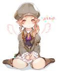  1girl blush boots brown_eyes brown_hair cabbie_hat earrings final_fantasy final_fantasy_xiv hands_together hat jacket jewelry lalafell momoko_(momopoco) pointy_ears side_ponytail sidelocks simple_background smile solo white_background 
