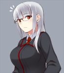  1girl breasts female glasses heidimarie_w_schnaufer large_breasts long_hair looking_at_viewer momiji7728 necktie red_eyes silver_hair simple_background solo strike_witches surprised 