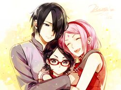  1boy 2girls black_hair boruto:_the_movie facial_mark family forehead_mark glasses group_hug happy haruno_sakura hug matsunaka_hiro multiple_girls naruto pink_hair uchiha_sarada uchiha_sasuke 