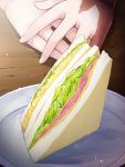 burn_scar cheese chima_q dorei_to_no_seikatsu_~teaching_feeling~ food ham hands highres plate salad sandwich sylvie_(dorei_to_no_seikatsu) 