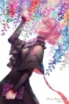  10s 1girl 2015 arm_up artist_name bangs black_dress book capelet dress dutch_angle flower frills from_side holding holding_book lace long_sleeves looking_up original parted_lips pink_hair pixiv_fantasia pixiv_fantasia_t profile red_eyes robinexile short_hair solo wisteria 