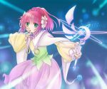  1girl aqua_eyes blue_background dress flower long_hair open_mouth pink_hair ponytail rubia_natwick solo staff tales_of_(series) tales_of_the_tempest weapon wide_sleeves 