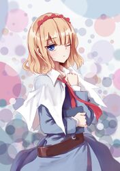  1girl alice_margatroid blonde_hair blue_eyes blush book capelet hairband highres holding holding_book one_eye_closed short_hair touhou ziran_juan 