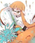  1girl bike_shorts domino_mask holding inkling kamaboko_(ossann0125) long_hair mask matching_hair/eyes open_mouth orange_eyes orange_hair oversized_object paint_roller paint_splatter pointy_ears shirt smile solo splatoon standing t-shirt tentacle_hair text translated 