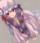  1girl all_fours blush bow breasts cleavage crescent crying crying_with_eyes_open dress dutch_angle flying_teardrops grey_background hair_bow hair_ornament hat hat_ribbon long_hair long_sleeves mob_cap off_shoulder open_mouth patchouli_knowledge purple_hair ribbon solo tears touhou usamata 
