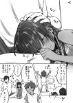  1girl 2boys absurdres age_difference bangs blush commentary_request ferea_bimi greyscale highres lap_pillow legs_crossed monochrome multiple_boys original petting playing_games shirt short_hair shorts singlet translation_request 