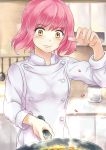  1girl arato_hisako blush breasts brown_eyes food pants purple_hair shokugeki_no_souma short_hair smile 