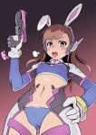  1girl animal_ears blush brown_hair d.va_(overwatch) facial_mark gun hand_on_hip headphones long_hair looking_at_viewer midriff navel open_mouth overwatch rabbit_ears rke solo stomach sweat sweatdrop tongue tongue_out weapon 