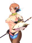  1girl breasts brown_hair cleavage horns navel open_mouth scarf shield shin_shiros shirosu short_hair solo spear weapon yellow_eyes 