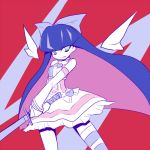 1girl bow long_hair marushin multicolored_hair panty_&amp;_stocking_with_garterbelt skirt solo stocking_(psg) striped striped_legwear sword wings 