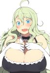  1girl @_@ accho_(macchonburike) ahoge blue_eyes blush bow bowtie breasts cleavage detached_collar elbow_gloves female frown gloves green_hair huge_breasts looking_at_viewer original simple_background solo sweatdrop white_background white_gloves 