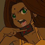  &gt;:d 1girl :d arc_the_lad arc_the_lad_ii bare_shoulders breasts brown_hair card choker cleavage dark_skin dress face facepaint facial_mark green_eyes holding holding_card lowres open_mouth sania_(arc_the_lad) smile solo upper_body 