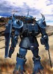  3d bright_(artist) clouds fire gouf gundam mecha mobile_suit_gundam no_humans outdoors shield sky space_craft white_base 