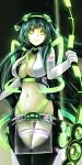 1girl bangs belt between_breasts black_legwear bow_(weapon) breasts cleavage cleavage_cutout cowboy_shot empty_eyes eyebrows eyebrows_visible_through_hair gin_ji gloves glowing gluteal_fold green_eyes green_hair headgear holding holding_weapon long_hair looking_at_viewer navel no_panties see-through sleeveless solo speaker thigh_gap touhoku_zunko very_long_hair vocaloid vocaloid_append voiceroid weapon white_gloves 