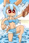  1girl beach bikini blue_hair breasts female hand_holding imouchi_sutan long_hair male_hand ocean outdoors rabbit red_eyes sky solo swimsuit 