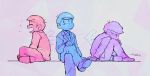  3boys arrow artist_name brothers closed_eyes formal grey_background indian_style leg_hug legs_crossed looking_at_another male_focus matsuno_ichimatsu matsuno_karamatsu matsuno_osomatsu messy_hair mochio_(gootarara) multiple_boys osomatsu-kun osomatsu-san siblings simple_background sitting smile suit 