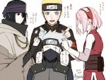  1girl 3boys black_hair grey_hair half_mask haruno_sakura hatake_kakashi japanese matsunaka_hiro multiple_boys naruto naruto:_the_last spiky_hair text translation_request uchiha_sasuke uzumaki_naruto 