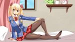  1girl bed blonde_hair breasts fairy_tail feet female hair_ribbon large_breasts lucy_heartfilia no_shoes pantyhose ribbon skirt solo toes twintails uniform 