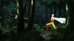  2boys animated animated_gif bald blonde_hair boots cyborg forest genos gloves multiple_boys nature one-punch_man running saitama_(one-punch_man) scarf short_hair 