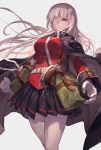  1girl bag bandage_over_one_eye bangs belt black_skirt breasts buttons closed_mouth fate/grand_order fate_(series) florence_nightingale_(fate/grand_order) fur_trim gloves gun handgun highres lack long_hair long_sleeves looking_at_viewer medium_breasts military military_uniform one_eye_covered pleated_skirt red_eyes revolver silver_hair simple_background skirt smile solo uniform very_long_hair weapon white_gloves white_legwear 