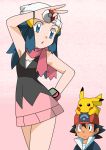  1girl blue_eyes blue_hair breasts female hainchu hikari_(pokemon) long_hair navel nintendo pikachu poke_ball pokemon pose satoshi_(pokemon) skirt 
