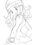  1girl female hainchu hikari_(pokemon) long_hair monochrome navel nintendo pokemon sketch 