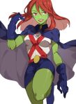  1girl cape dc_comics doudoude_dou gloves green_skin long_hair looking_at_viewer miniskirt miss_martian red_eyes redhead skirt smile solo young_justice:_invasion 