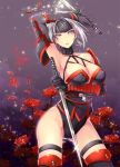  1girl arukas breasts cleavage dual_wielding flower headband large_breasts ninja silver_hair sword weapon 