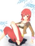  1girl barefoot blush breasts iria_animi jacket midriff pants red_eyes redhead short_hair solo tales_of_(series) tales_of_innocence 