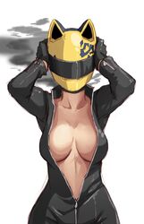  1girl aura biker_clothes black_gloves bodysuit breasts celty_sturluson cleavage dark_aura durarara!! gloves helmet open_clothes solo unzipped upper_body whistle_frog zipper 