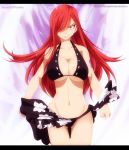  1girl angry bikini breasts cleavage erza_scarlet fairy_tail female large_breasts long_hair midriff mound_of_venus navel red_eyes redhead solo swimsuit tattoo 