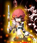  1girl belt breasts gun iria_animi jacket midriff open_mouth pants red_eyes redhead scarf short_hair solo tales_of_(series) tales_of_innocence weapon 